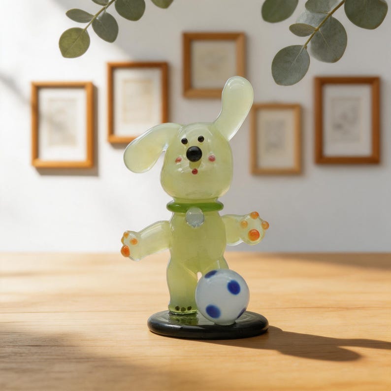 Fußball Häschen Figur mit Schlappohren und blau gepunktetem Ball, ca. 7 cm, kawaii Regal Dekor