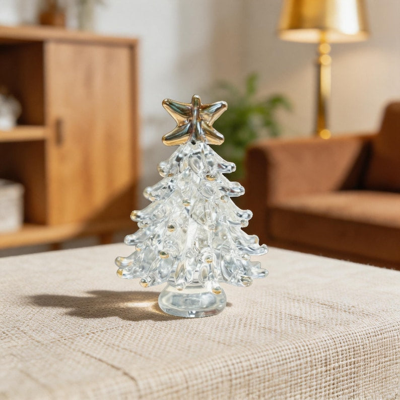 Mini Weihnachtsbaum Figur aus Glas mit Gold Stern Ornament, 6 cm Durchmesser, Tischdekor