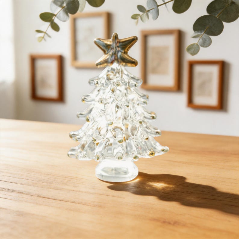 Mini Weihnachtsbaum Figur aus Glas mit Gold Stern Ornament, 6 cm Durchmesser, Tischdekor