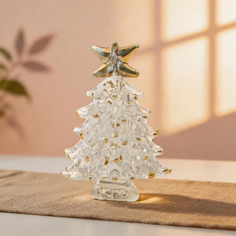 Mini Weihnachtsbaum Figur aus Glas mit Gold Stern Ornament, 6 cm Durchmesser, Tischdekor