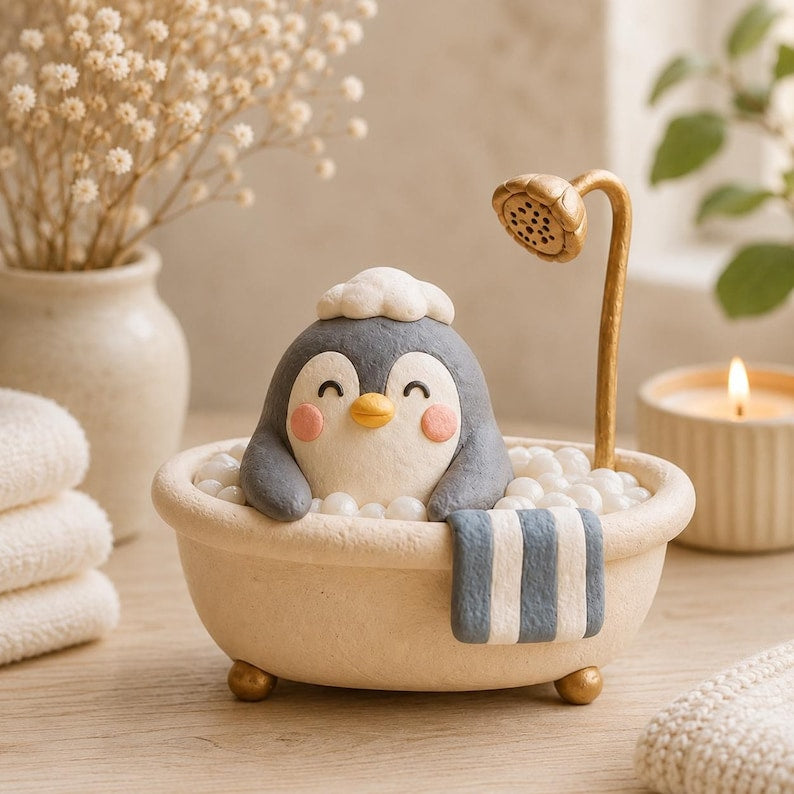Handgefertigte Ton-Badefigur: Capybara, Pinguin oder Frosch – Schreibtischdeko, ca. 10 × 7 cm