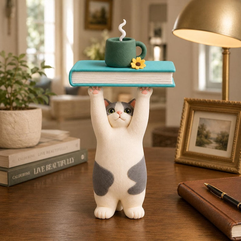 Handgefertigte Tonkatze Figurine, 13 cm, Ultraleichter lufttrocknender Ton, Dekorative Schreibtischverzierung