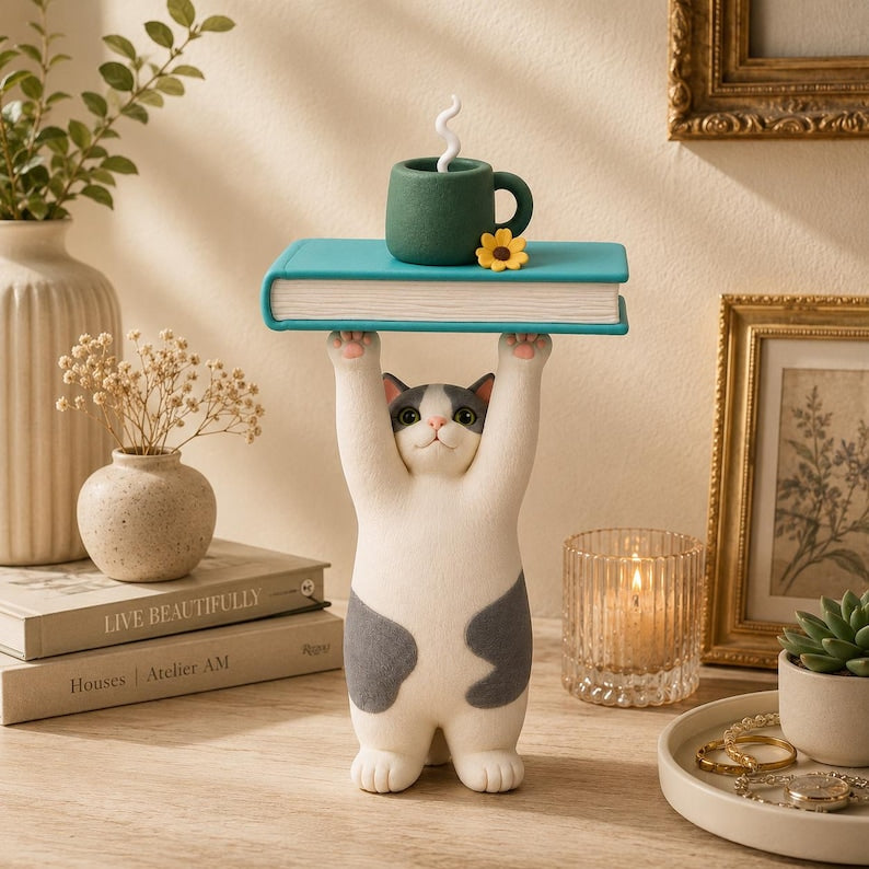Handgefertigte Tonkatze Figurine, 13 cm, Ultraleichter lufttrocknender Ton, Dekorative Schreibtischverzierung