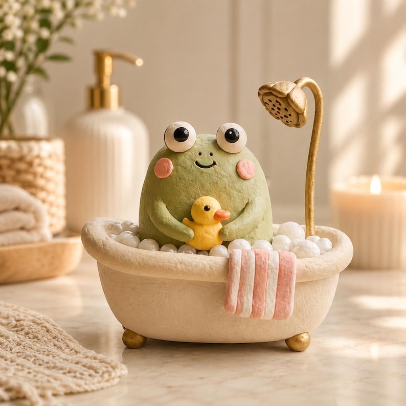 Handgefertigte Ton-Badefigur: Capybara, Pinguin oder Frosch – Schreibtischdeko, ca. 10 × 7 cm