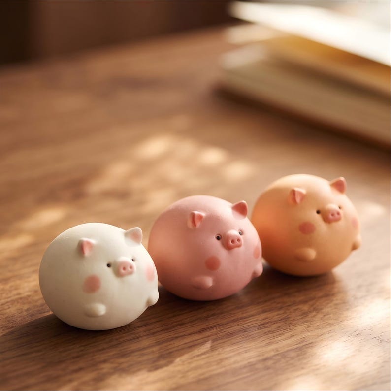 Handgefertigte Keramik Schwein Figur, Runde Keramik Tier Ornament, Miniatur Desktop Skulptur, 5x5x6 cm, Weiß Rosa Pfirsich