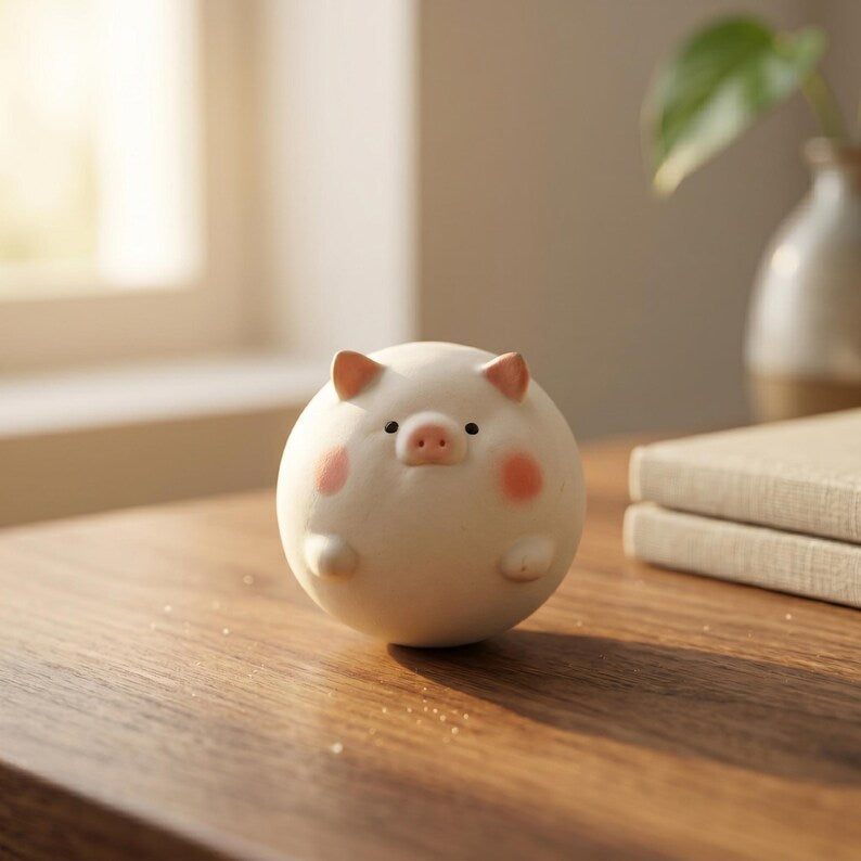Handgefertigte Keramik Schwein Figur, Runde Keramik Tier Ornament, Miniatur Desktop Skulptur, 5x5x6 cm, Weiß Rosa Pfirsich