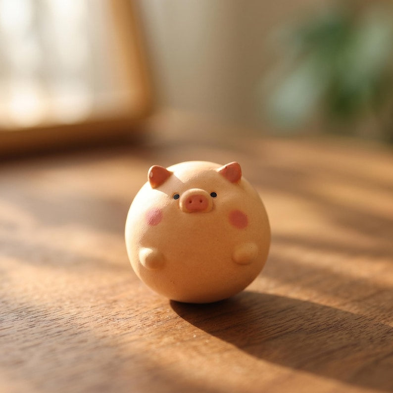 Handgefertigte Keramik Schwein Figur, Runde Keramik Tier Ornament, Miniatur Desktop Skulptur, 5x5x6 cm, Weiß Rosa Pfirsich