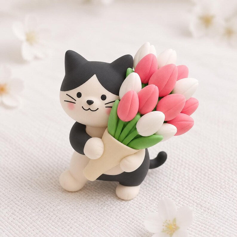 Handgefertigte lufttrocknende Katzenfigur mit Tulpenstrauß, Kawaii Kitty Skulptur, Katzenliebhaber Geschenk