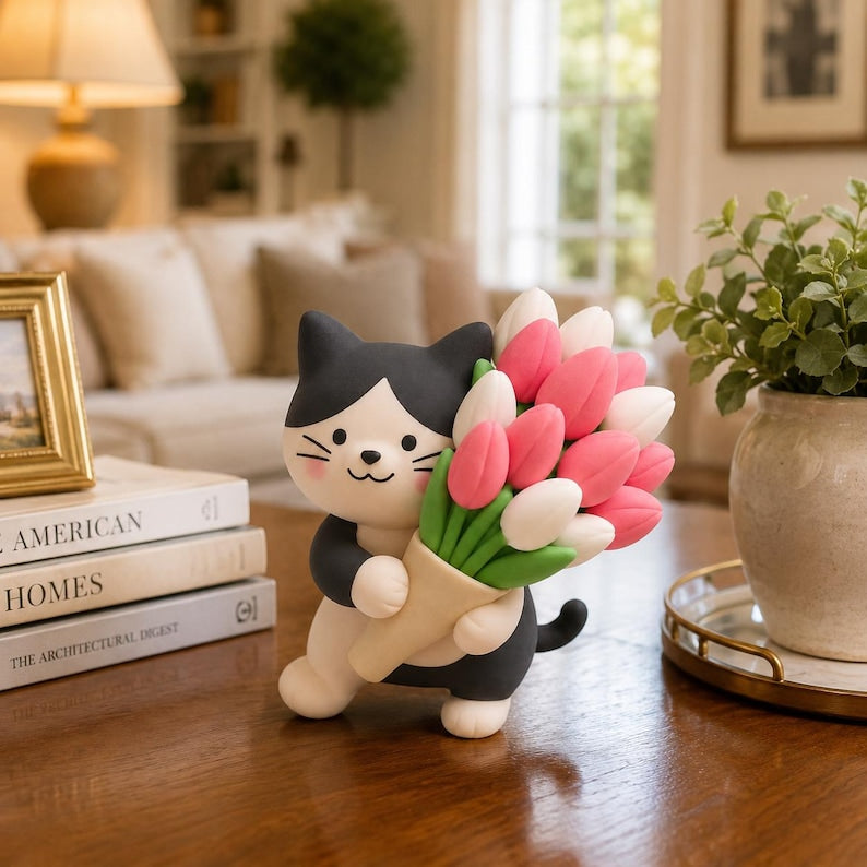 Handgefertigte lufttrocknende Katzenfigur mit Tulpenstrauß, Kawaii Kitty Skulptur, Katzenliebhaber Geschenk
