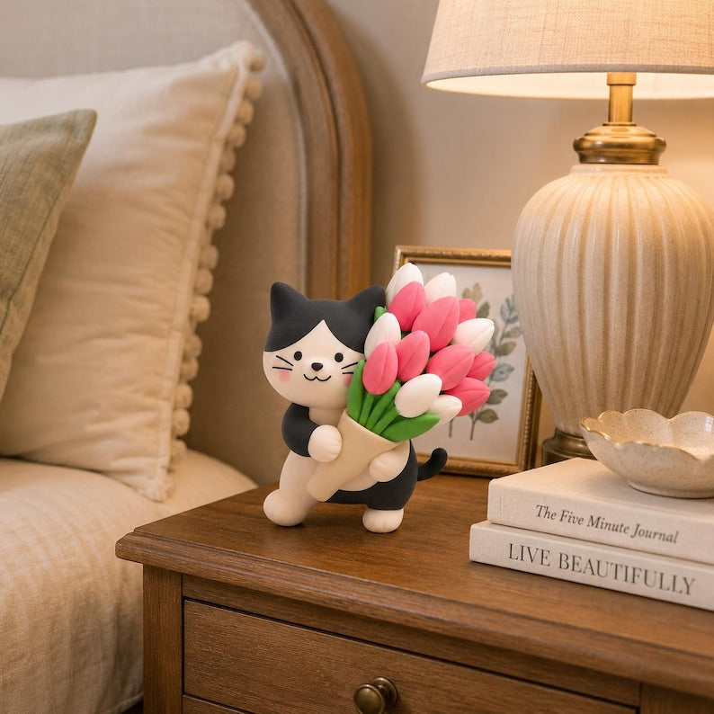 Handgefertigte lufttrocknende Katzenfigur mit Tulpenstrauß, Kawaii Kitty Skulptur, Katzenliebhaber Geschenk