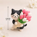 Handgefertigte lufttrocknende Katzenfigur mit Tulpenstrauß, Kawaii Kitty Skulptur, Katzenliebhaber Geschenk