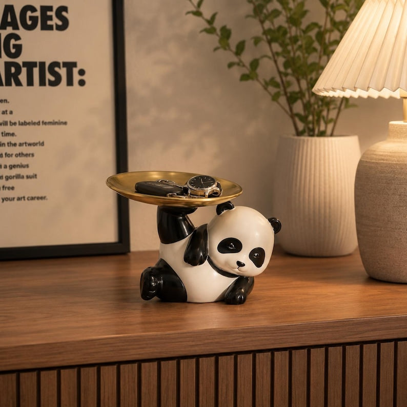 Niedliche Panda-Aufbewahrungsschale aus Harz mit Metalltablett, Tierfigur Organizer für Schlüssel, Süßigkeiten und Schmuck, Tischdekoration für Wohnzimmer, Flur und Büro