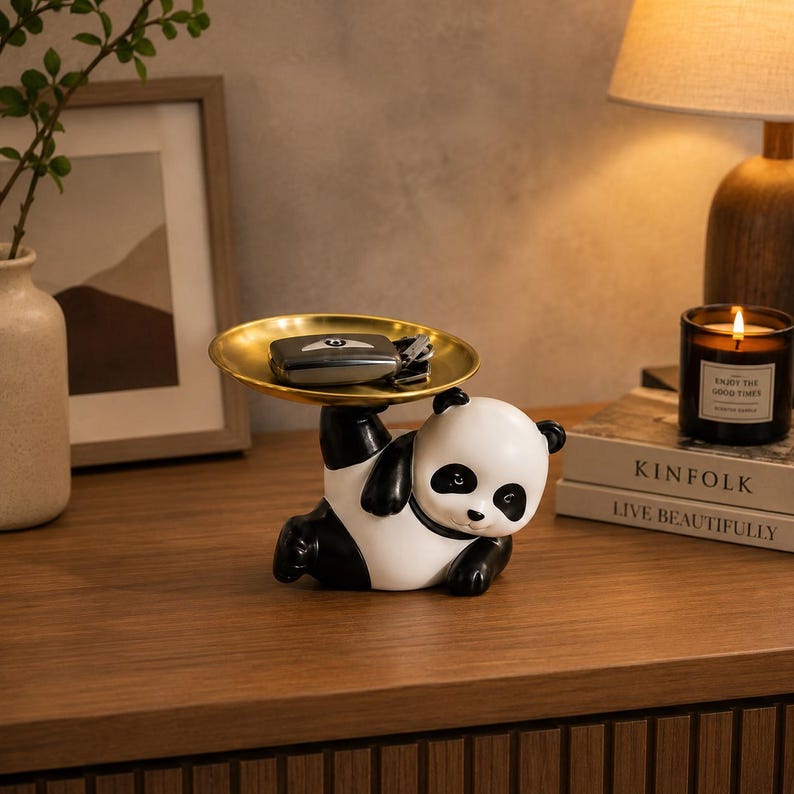 Niedliche Panda-Aufbewahrungsschale aus Harz mit Metalltablett, Tierfigur Organizer für Schlüssel, Süßigkeiten und Schmuck, Tischdekoration für Wohnzimmer, Flur und Büro