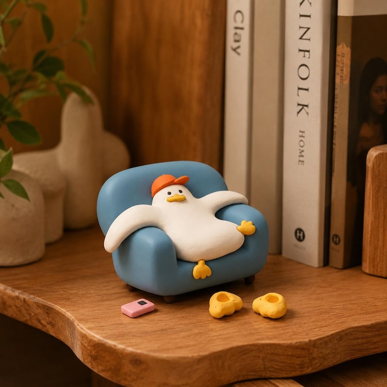 Handgefertigte Polymer Clay Entenfigur auf Sofa, 10 cm, Deko für Regal und Schreibtisch, für Entenliebhaber