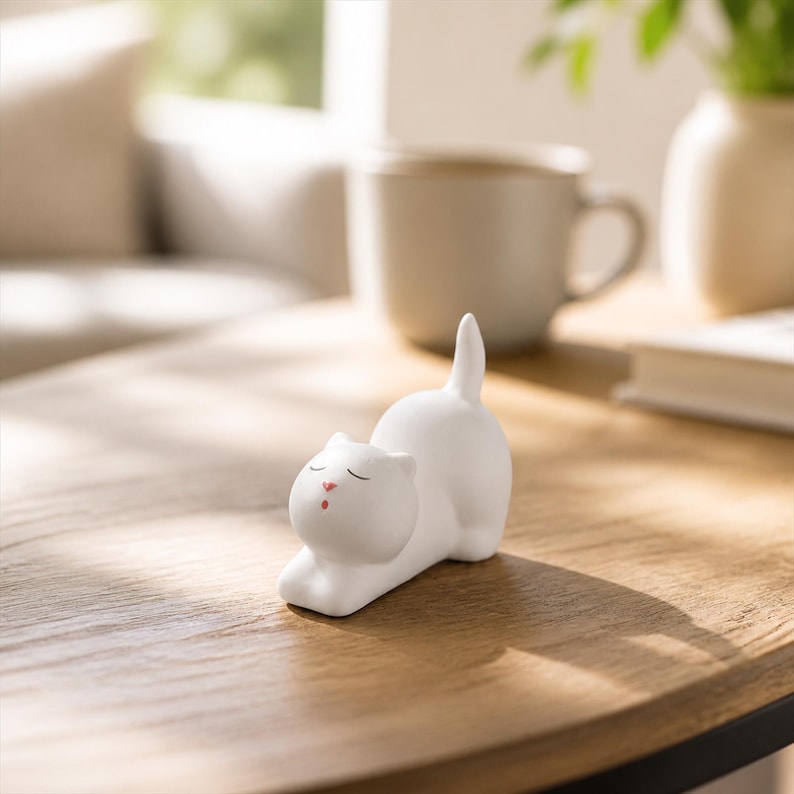 Handgemachte Keramik Weiße Katzenfiguren, Minimalistische Schreibtisch Deko, 3 Stile, 5x5 cm
