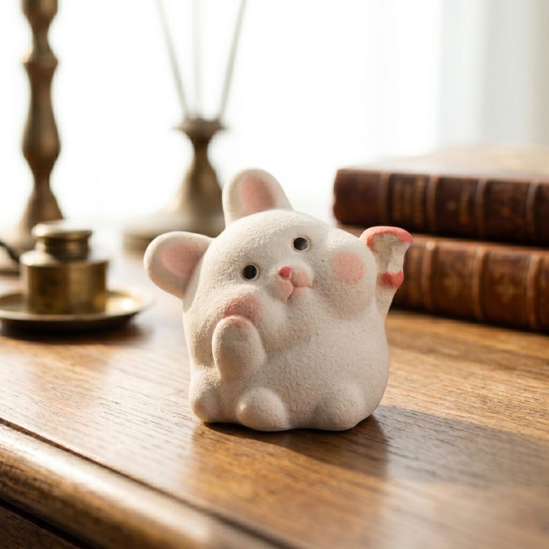 Handgefertigte Keramik Kaninchen Figur, Weißer Hase mit handbemalten Details, Miniatur Dekoration, 5 cm