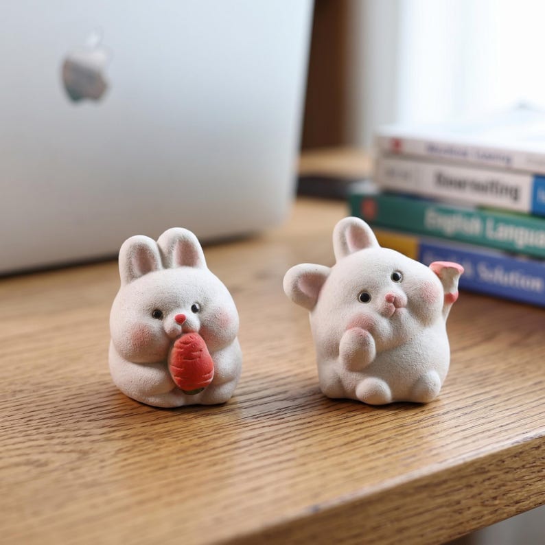 Handgefertigte Keramik Kaninchen Figur, Weißer Hase mit handbemalten Details, Miniatur Dekoration, 5 cm