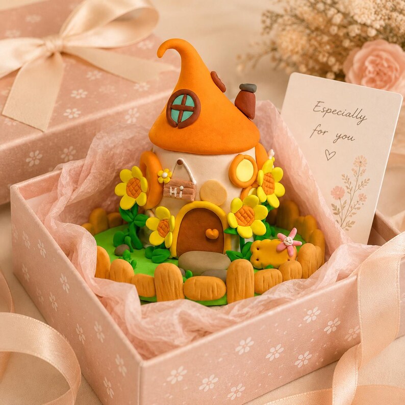 Ultraleichte Pilzhaus-Deko aus Modelliermasse – Feengarten-Häuschen – Schreibtisch-Ornament, Orange, ca. 12,7 cm
