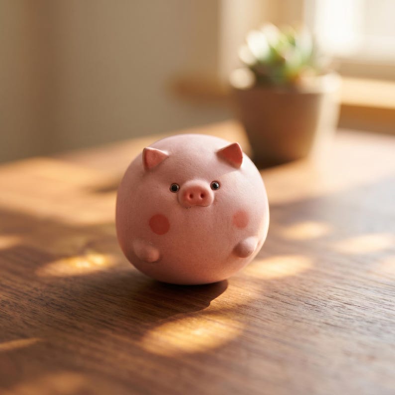Handgefertigte Keramik Schwein Figur, Runde Keramik Tier Ornament, Miniatur Desktop Skulptur, 5x5x6 cm, Weiß Rosa Pfirsich