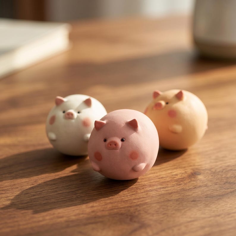 Handgefertigte Keramik Schwein Figur, Runde Keramik Tier Ornament, Miniatur Desktop Skulptur, 5x5x6 cm, Weiß Rosa Pfirsich