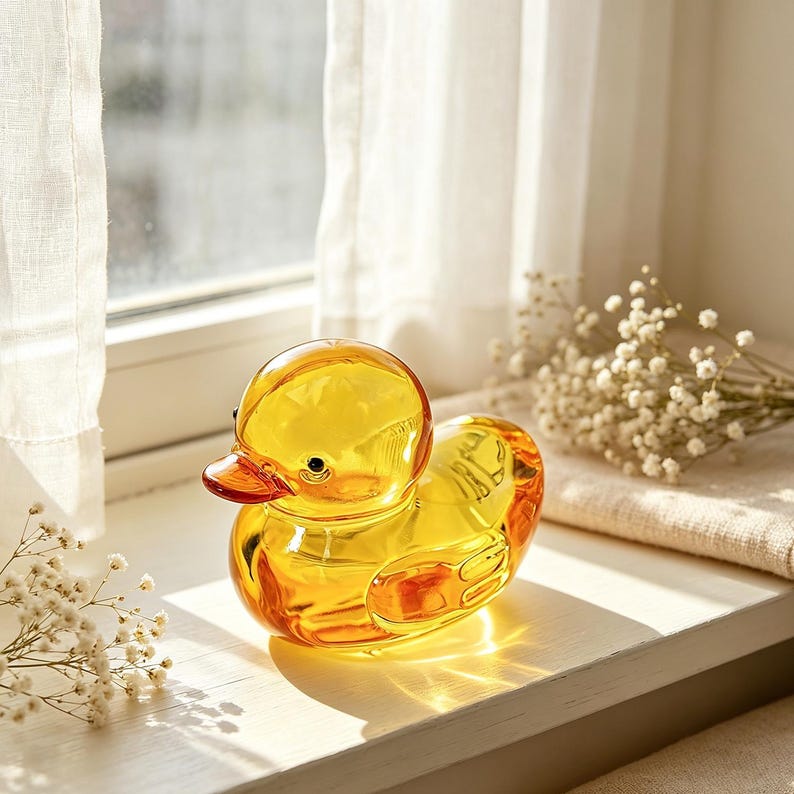 Handgefertigte Glas Entenfigur mit orangefarbenem Schnabel, 5,6 cm hoch, 7 cm tief, 5 cm breit, Dekoration für Wohnkultur