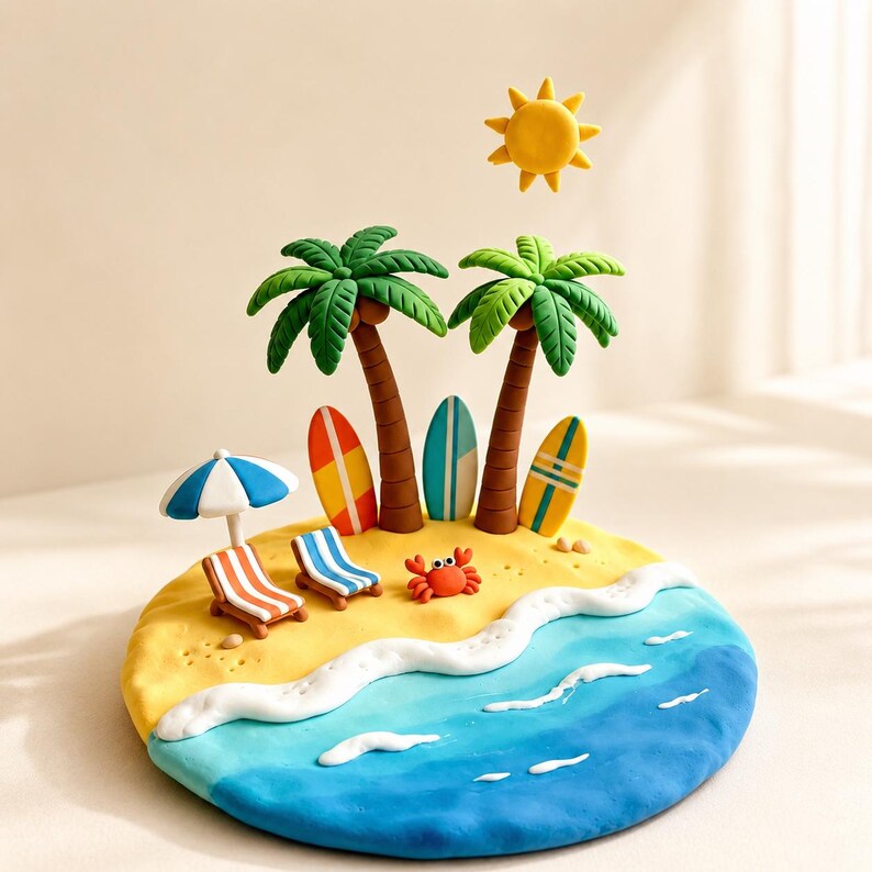 Mini Tropische Insel Tonfigur, Handgefertigtes Strand Sommer Schreibtisch Dekor, Ultraleichter Ton, 11-13 cm