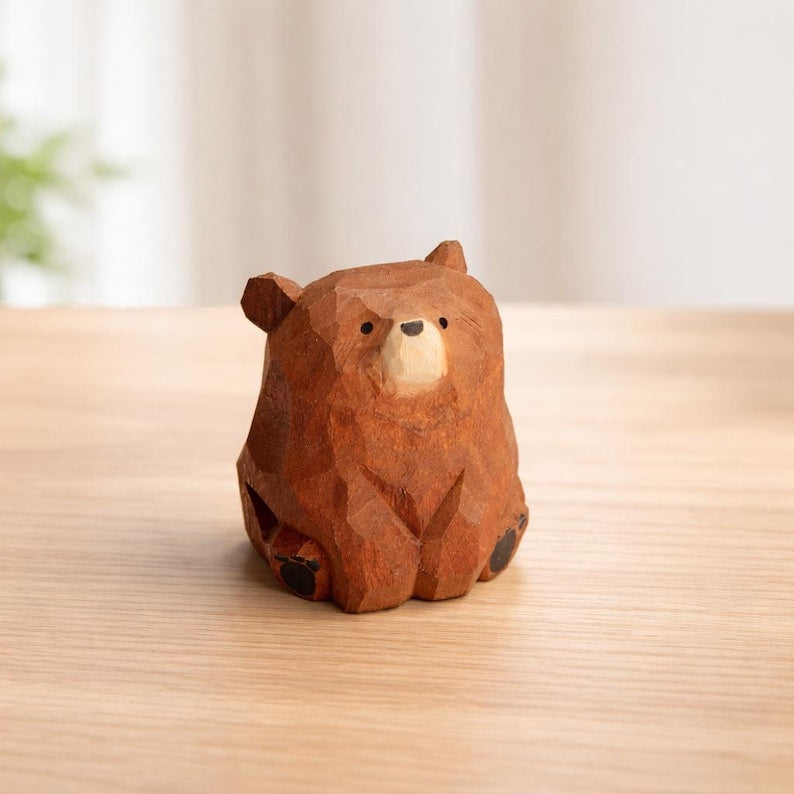 Bärenfigur aus Holz, braun-schwarz-weiß, Schreibtisch- und Regaldekoration, 3,5 cm