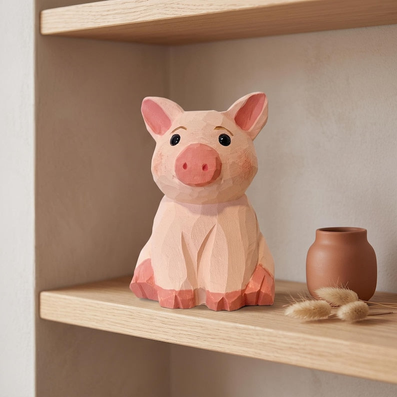 Holzfigur Schwein, sitzende Schweinestatue, Bauernhofdekor für Schreibtisch und Regal, lackiert, 1 Stück