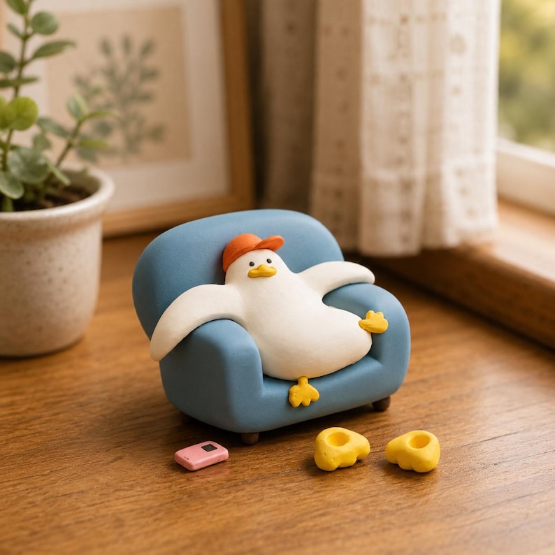 Handgefertigte Polymer Clay Entenfigur auf Sofa, 10 cm, Deko für Regal und Schreibtisch, für Entenliebhaber