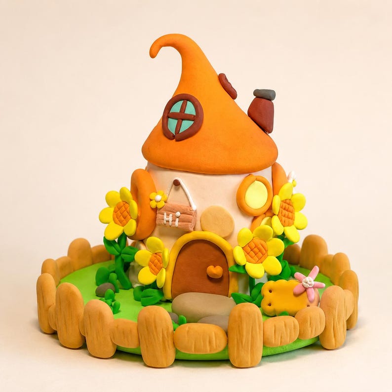 Ultraleichte Pilzhaus-Deko aus Modelliermasse – Feengarten-Häuschen – Schreibtisch-Ornament, Orange, ca. 12,7 cm