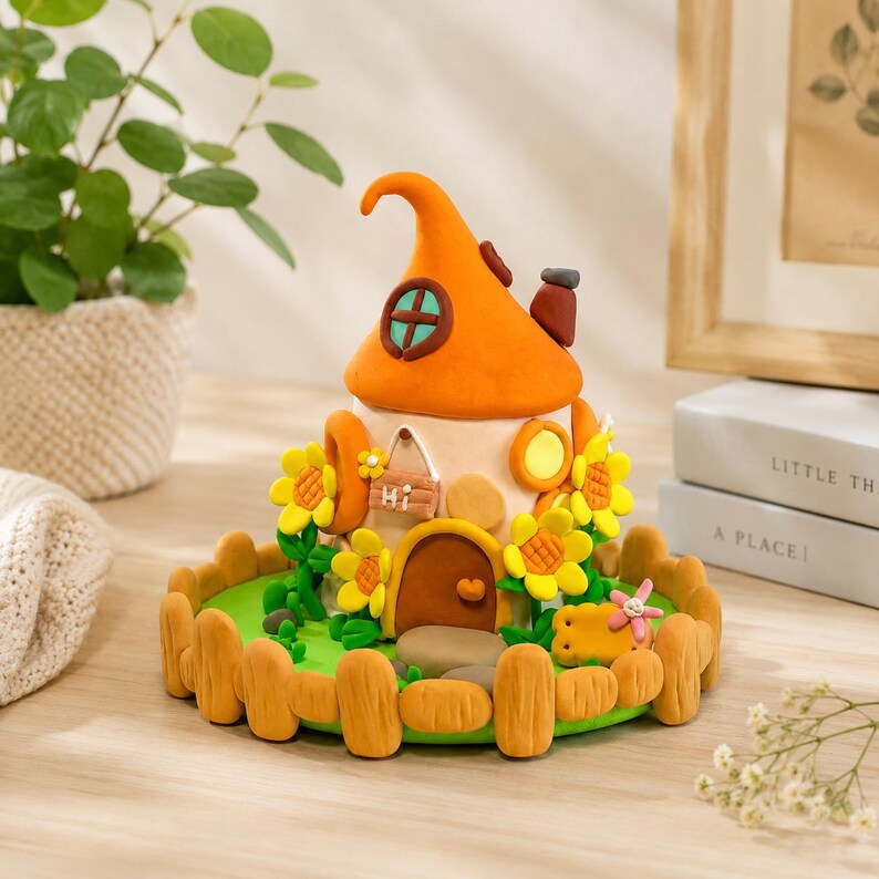 Ultraleichte Pilzhaus-Deko aus Modelliermasse – Feengarten-Häuschen – Schreibtisch-Ornament, Orange, ca. 12,7 cm