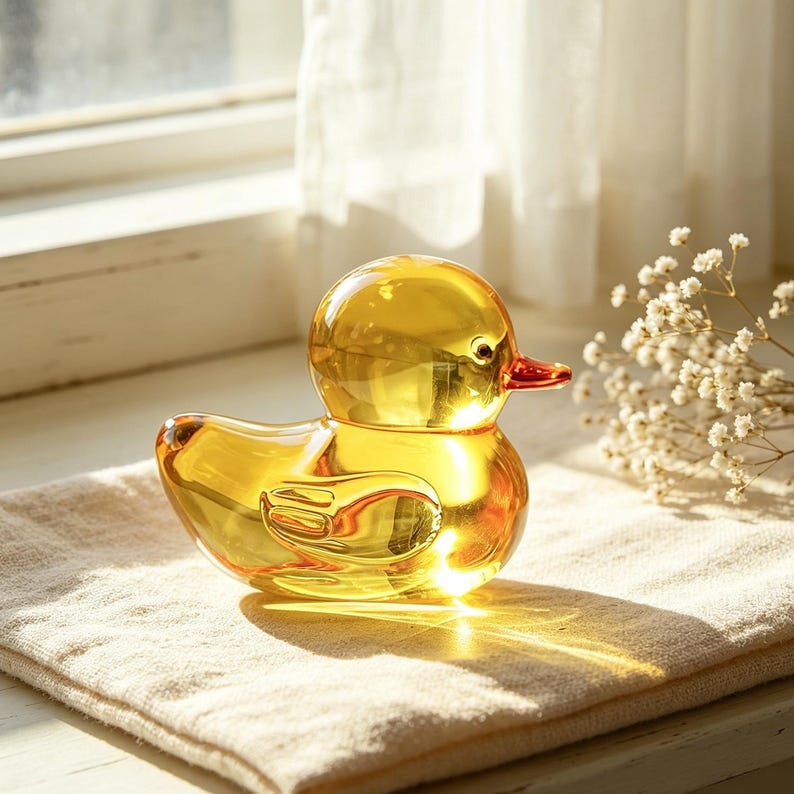 Handgefertigte Glas Entenfigur mit orangefarbenem Schnabel, 5,6 cm hoch, 7 cm tief, 5 cm breit, Dekoration für Wohnkultur