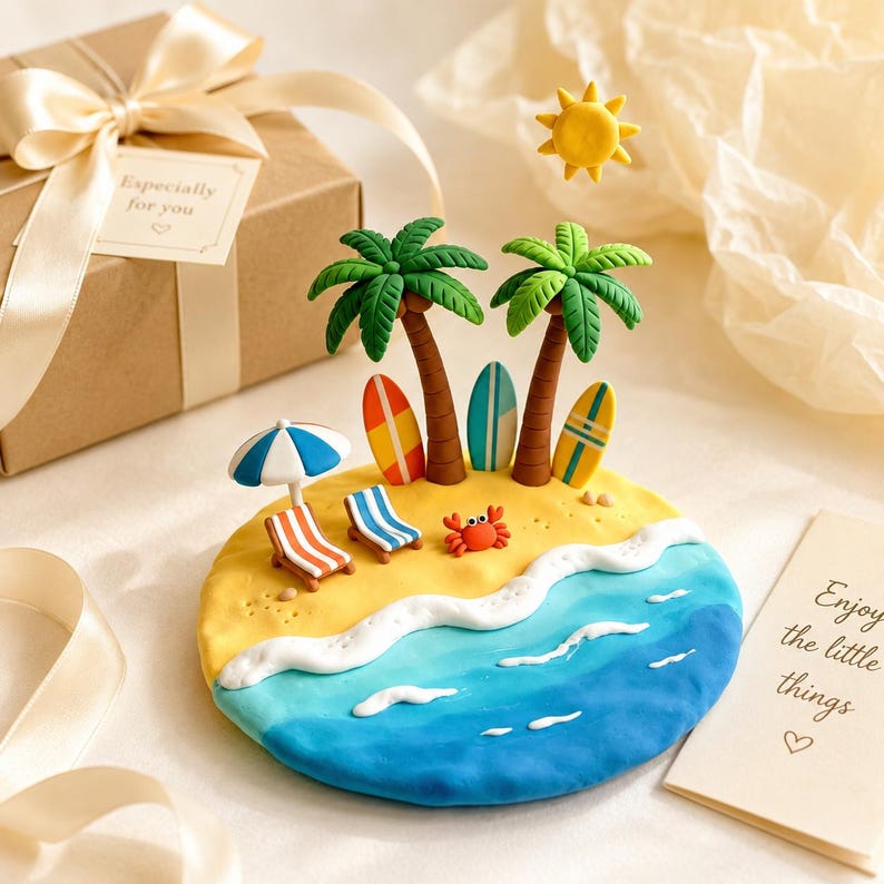 Mini Tropische Insel Tonfigur, Handgefertigtes Strand Sommer Schreibtisch Dekor, Ultraleichter Ton, 11-13 cm