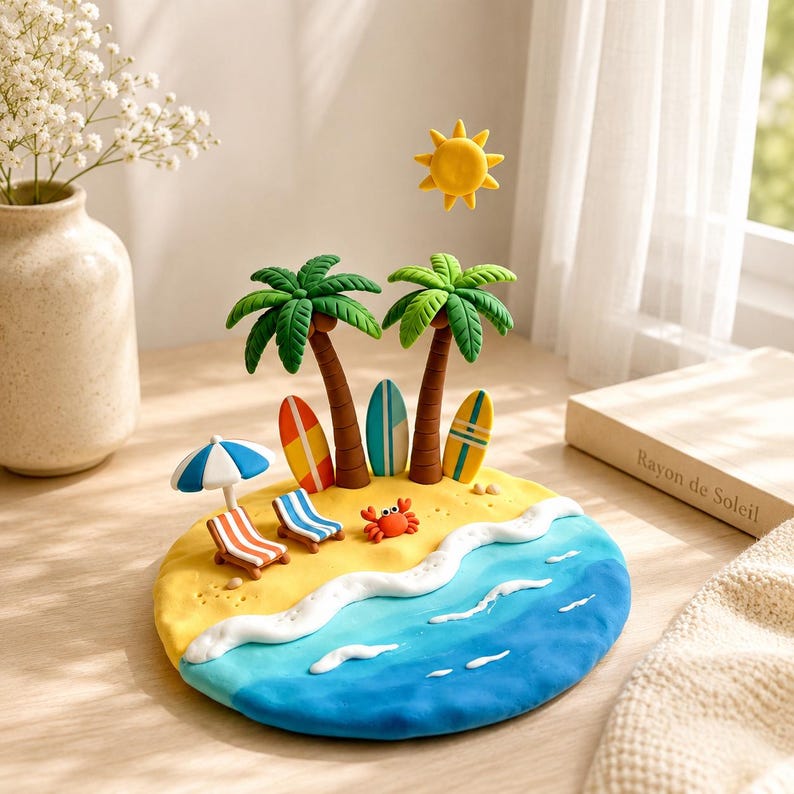 Mini Tropische Insel Tonfigur, Handgefertigtes Strand Sommer Schreibtisch Dekor, Ultraleichter Ton, 11-13 cm