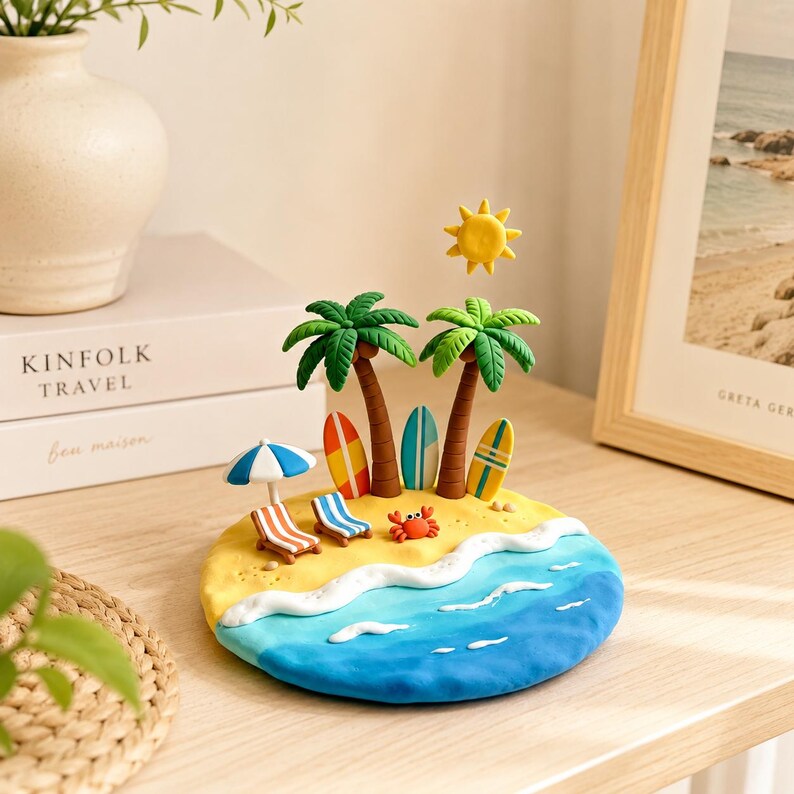 Mini Tropische Insel Tonfigur, Handgefertigtes Strand Sommer Schreibtisch Dekor, Ultraleichter Ton, 11-13 cm