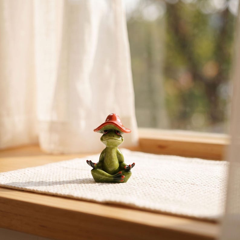 Frosch Harzfigur mit rotem Pilzhut, Yoga Meditation Statue, Feengarten Dekoration, Schreibtisch Ornament