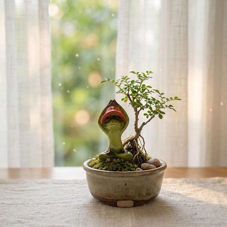 Frosch Harzfigur mit rotem Pilzhut, Yoga Meditation Statue, Feengarten Dekoration, Schreibtisch Ornament