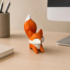 Holz Fuchsfigur mit erhobenem Schwanz, kleine Fuchs-Skulptur für Schreibtisch und Regal, 9,5 cm