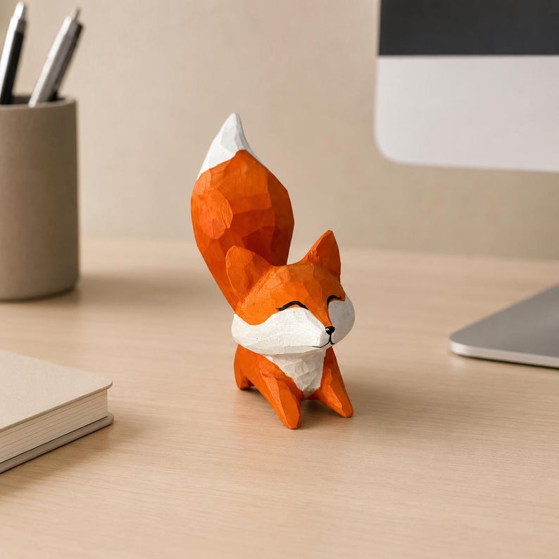 Holz Fuchsfigur mit erhobenem Schwanz, kleine Fuchs-Skulptur für Schreibtisch und Regal, 9,5 cm