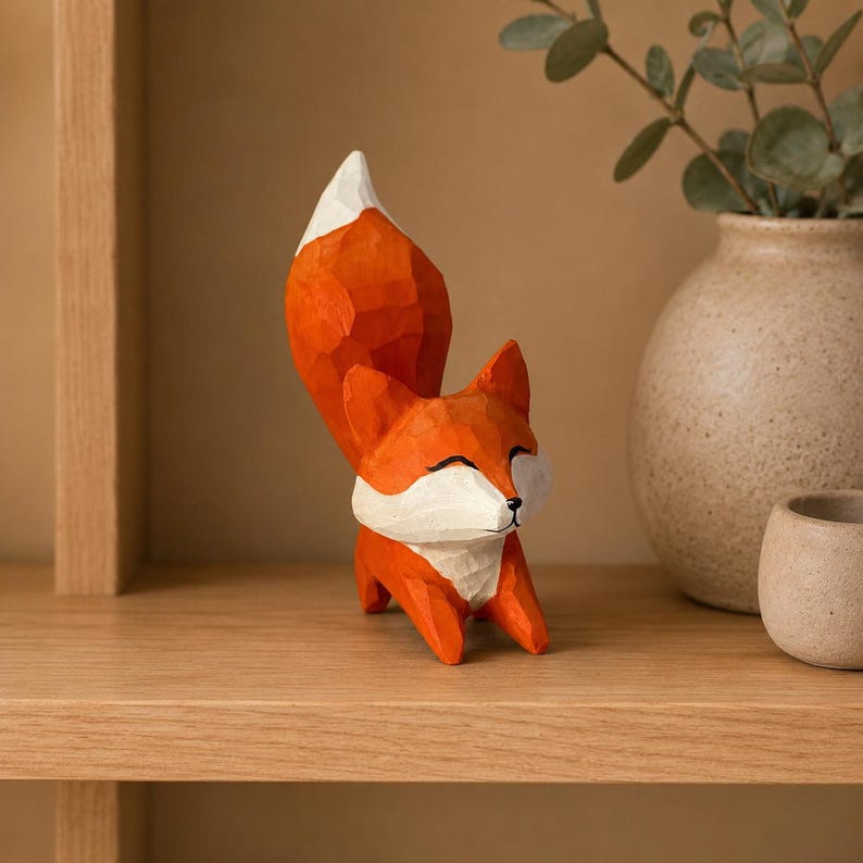 Holz Fuchsfigur mit erhobenem Schwanz, kleine Fuchs-Skulptur für Schreibtisch und Regal, 9,5 cm