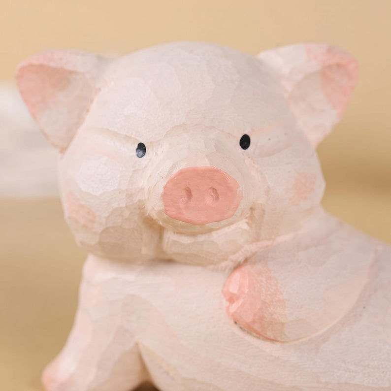 Holzfigur Schwein, kleine bemalte Holzstatue für Regal, Schreibtisch und Tischdekoration, Bauernhoftier