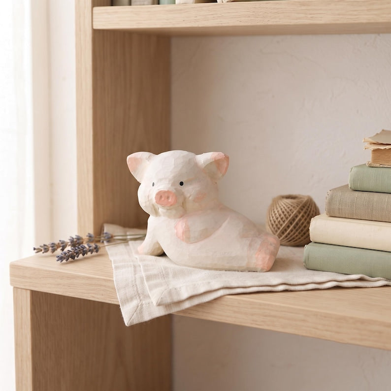 Holzfigur Schwein, kleine bemalte Holzstatue für Regal, Schreibtisch und Tischdekoration, Bauernhoftier