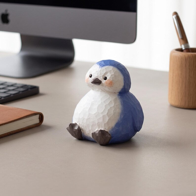Pinguin-Holzfigur, kleine handgeschnitzte Pinguin-Dekoration aus Holz für Schreibtisch, Bücherregal und Tisch