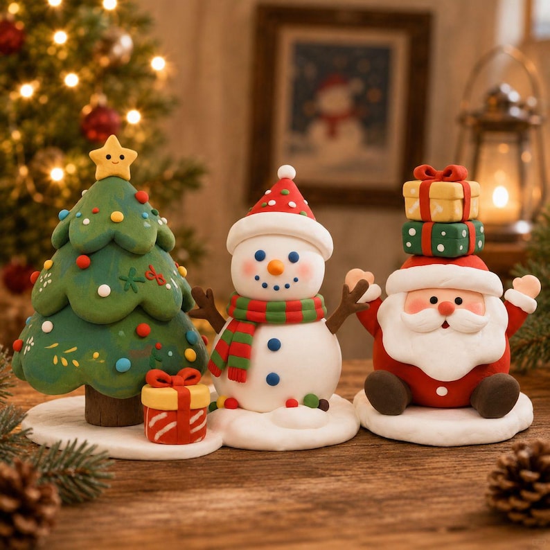 Handgefertigte Weihnachtsfiguren aus lufttrocknendem Ton, 10–14 cm, Weihnachtsmann, Schneemann und Baum, einzeln oder als 3er-Set