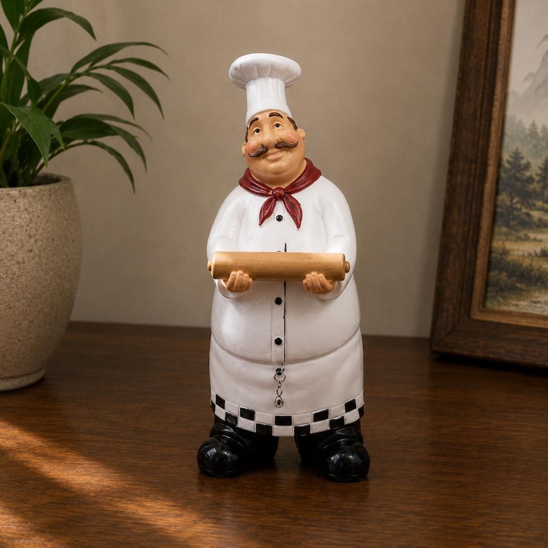 Kochfigur aus Kunstharz mit Flaschenöffner, Nachrichtentafel und Salz- und Pfefferstreuer – Küchen- und Bardekoration
