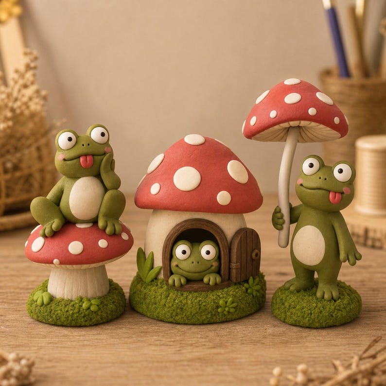 Handgefertigtes Frosch-Pilz-Skulpturenset aus Ton – 3 verspielte Cottagecore Figuren für Regal und Schreibtisch