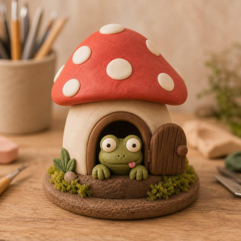 Handgefertigtes Frosch-Pilz-Skulpturenset aus Ton – 3 verspielte Cottagecore Figuren für Regal und Schreibtisch
