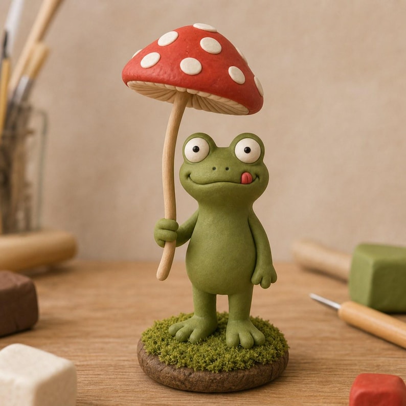Handgefertigtes Frosch-Pilz-Skulpturenset aus Ton – 3 verspielte Cottagecore Figuren für Regal und Schreibtisch