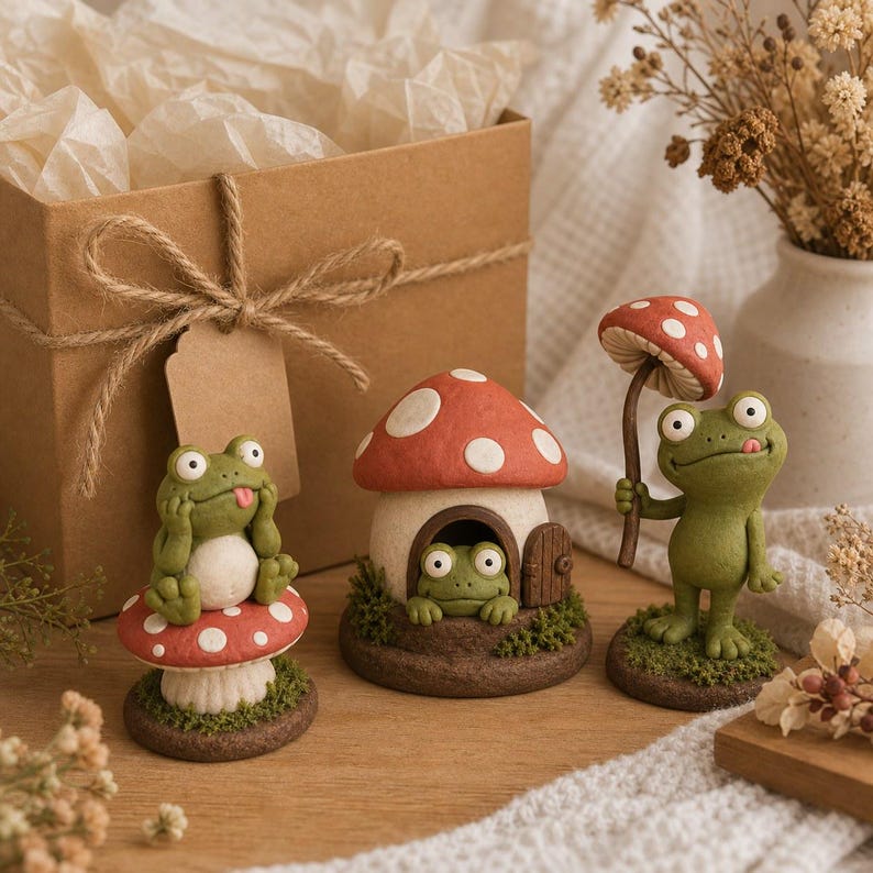 Handgefertigtes Frosch-Pilz-Skulpturenset aus Ton – 3 verspielte Cottagecore Figuren für Regal und Schreibtisch