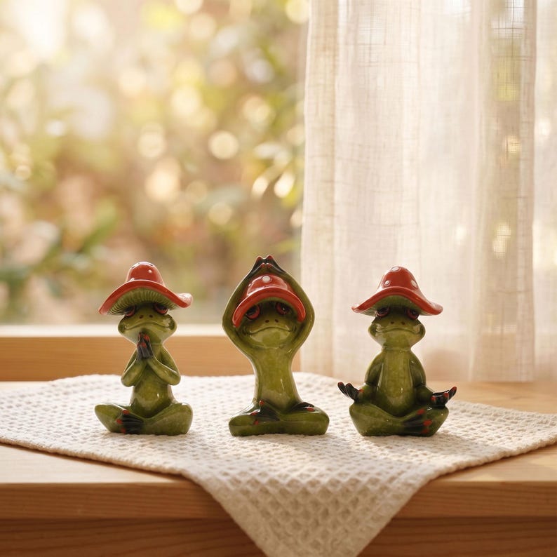 Frosch Harzfigur mit rotem Pilzhut, Yoga Meditation Statue, Feengarten Dekoration, Schreibtisch Ornament